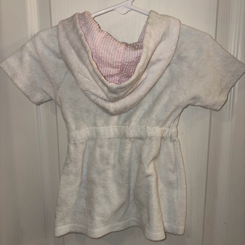 Ruffle Butts White Hooded Towel Dress with Pink Trim - Picture 3 of 3